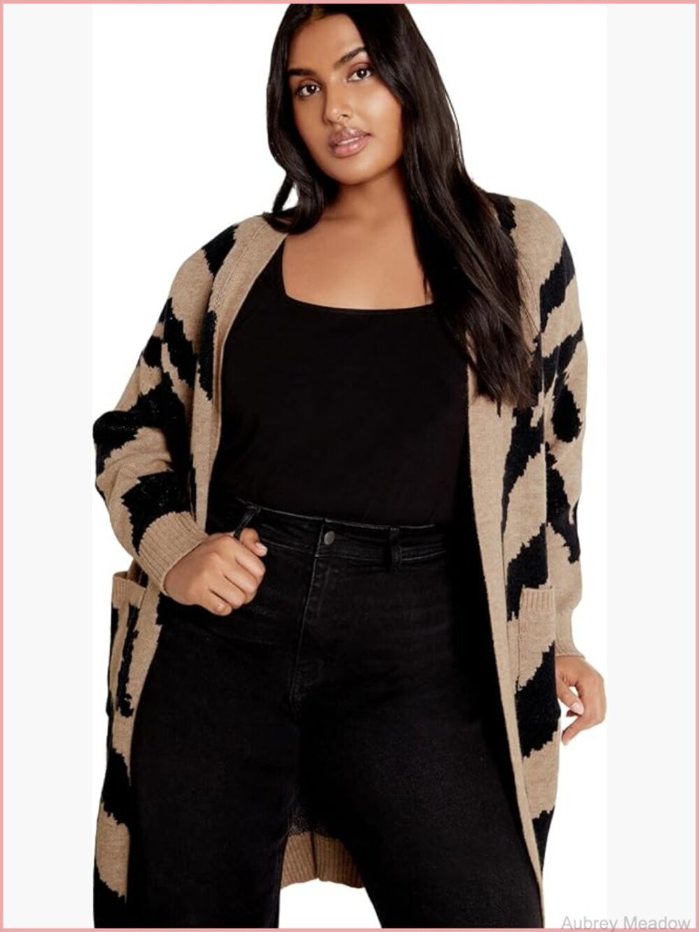 Plus Size Striped Cardigan, Long Sleeve, Relaxed Fit, Open Front, Pockets